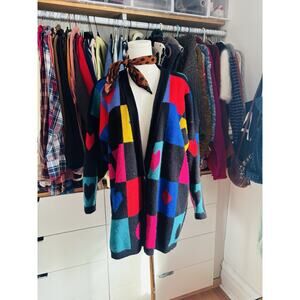 Rare Vintage 80s Colorblock Cardigan Multicolor Design Knit Women's XL